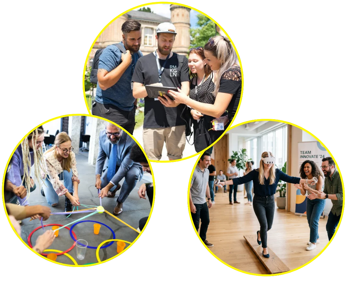 Onboarding-Rallye-Collage – Teambuilding-Stationen wie Turmbau und Team-Ski auf dem Firmengelände
